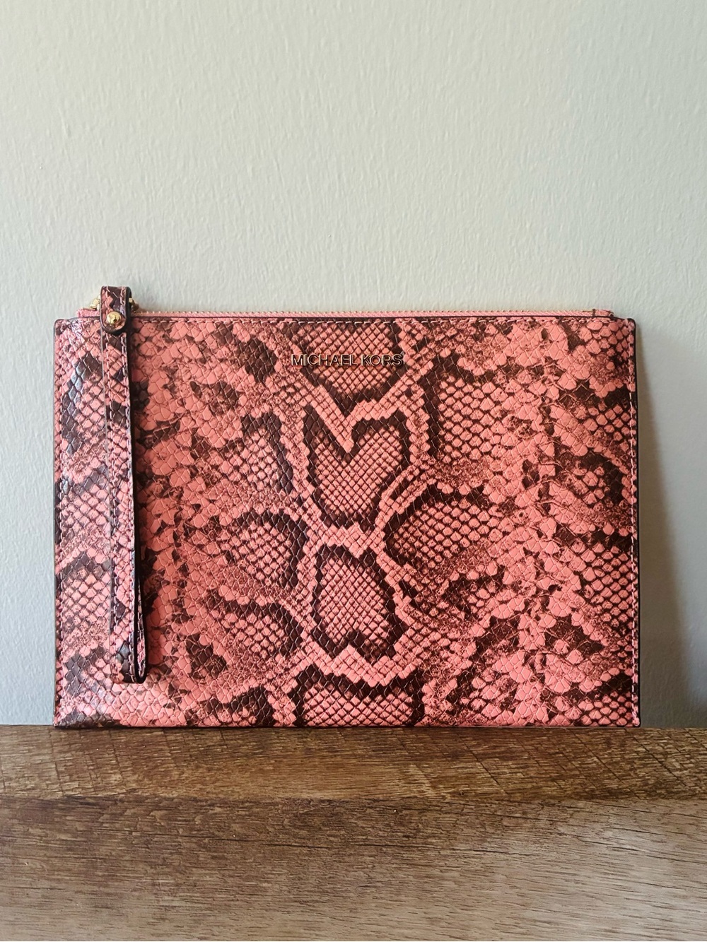 Michael Kors Jet Set Snakeskin Leather Zip Clutch Wristlet, Coral, Large